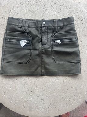 Mango Olive Faux Leather Mini Skirt with Zip Pockets